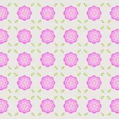 Seamless floral pattern with pink flowers and green leaves on a light background, perfect for wallpaper, textile, fabric print, and decorative design.