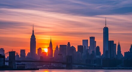 Obraz premium New York City Skyline Sunrise Silhouette.