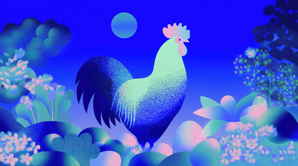 rooster guarding his eggs during full moon, chinese new year animal symbol 
