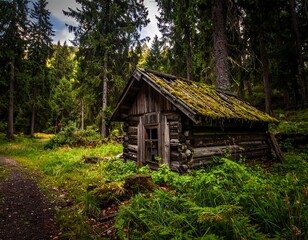Fototapeta premium Rustic cabin nestled in a dense forest
