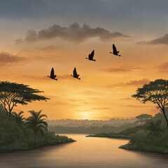 Naklejka premium Adventure in the jungle birds soar above a green river bend in nature's embrace