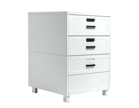 White four-drawer chest, minimalist design, short legs, simple black handles, clean lines, compact storage unit