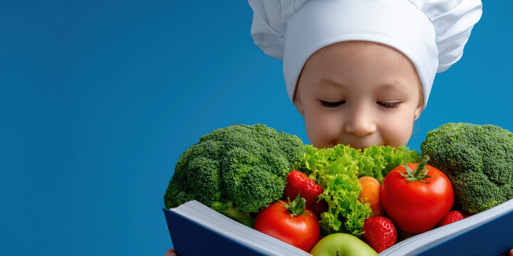 Child chef learning healthy eating from cookbook