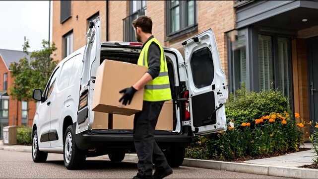 Delivery man unloads brown boxes from a white van in front of a residential area