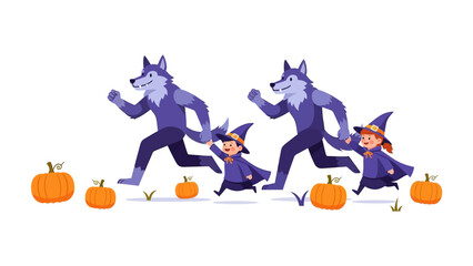 Halloween Werewolf Chase with Children: A playful digital illustration captures the whimsical adventure of two werewolves playfully chasing two children.