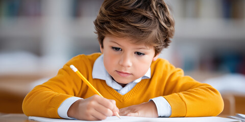 Young boy student writing learning education at school