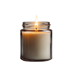 A single, lit, ivory-colored candle in a clear glass jar, against a black background.  The flame is bright and centered