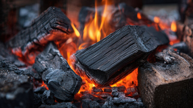 Burning wood logs glowing with orange and red embers in a fireplace surrounded by ash and charcoal creating a warm and inviting atmosphere during a cozy night.