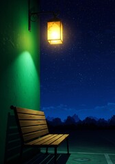 Night scene with a solitary bench illuminated by a vintage street lantern against a starry backdrop