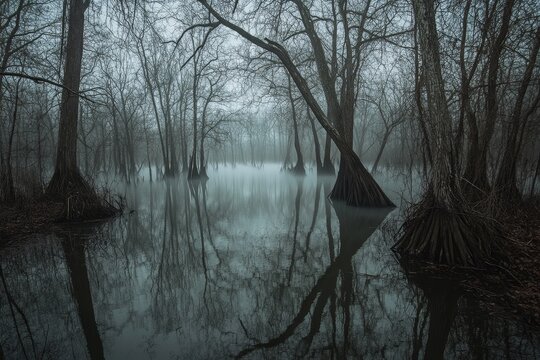 Forest with trees and water. The water is murky and the trees are tall. Scene is eerie and mysterious