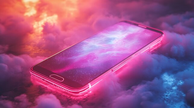 Futuristic Glowing Smartphone Floating in Cosmic Clouds with Vibrant Neon Lights