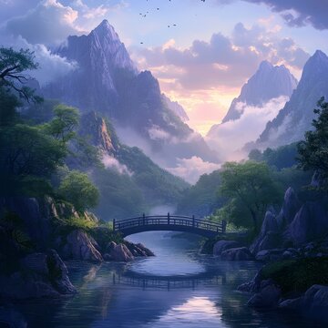 Beautiful mountain landscape with a bridge over a river. The sky is cloudy and the sun is setting