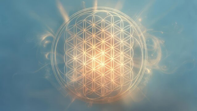 Sacred geometric 'Flower of Life' pattern glows with divine light and ethereal energy, symbolizing creation and universal connection