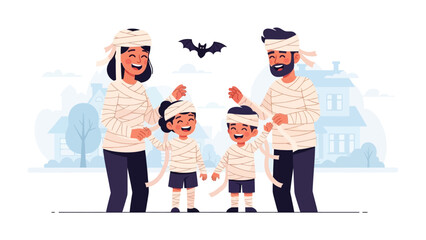 Mummy Family Halloween: A happy family, dressed as mummies, joyfully prepares for Halloween. Includes a bat and haunted house in a vibrant.