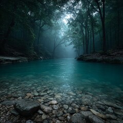 Fototapeta premium Adventure in a steamy jungle with turquoise river nature's embrace green trees atmospheric light