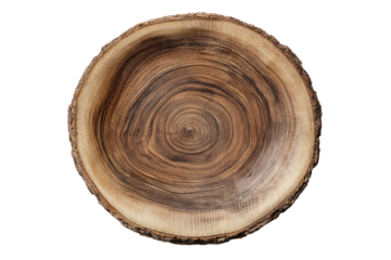 A circular wooden bowl, crafted from a tree slice, showcasing concentric rings and a natural, rustic texture. The bark edge is visible