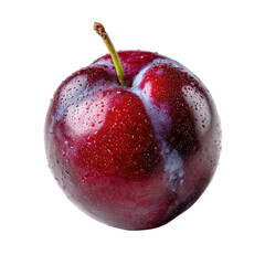 Close-up of a single, round, red plum with white juice or moisture droplets