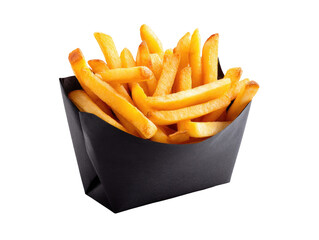 Golden-brown French fries in a black paper container