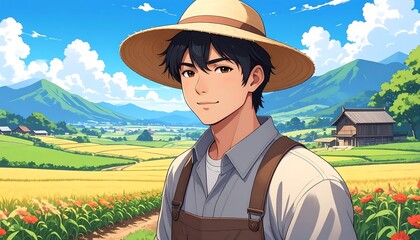An animated young man with dark hair wearing a straw hat and overalls stands smiling in a vibrant rural field