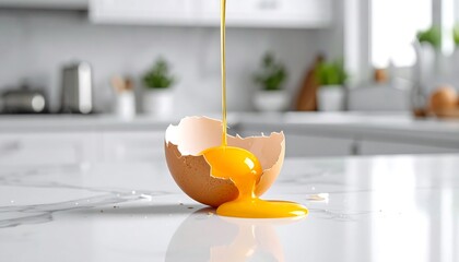 Egg yolk pouring from cracked shell