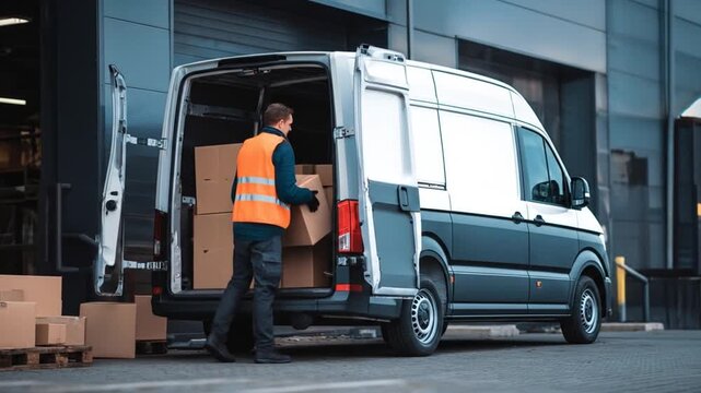 Man loads brown cardboard boxes into the open back of a dark gray delivery van