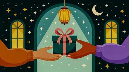 Two Hands Exchanging a Gift Box Under a Lantern and Starry Night Sky Keywords: gift, present, exchange, hands, giving, receiving, celebration, holiday, surprise, sharing