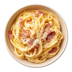 Creamy pasta dish with bacon, cheese, and pepper in a beige bowl