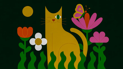 Whimsical Cat in a Garden with Flowers and Butterfly feline animal