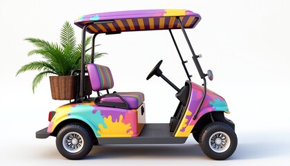 Vibrant golf cart with purple, yellow, pink, orange, blue colors on monochromatic background. Palm tree attached to roof, white, black steering wheel. Colorful vehicle for special occasions, events,