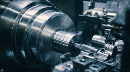 Fototapeta premium Close-Up of Lathe Turning Operation: Metal Workpiece Being Cut, Bright Sparks Flying, Precision Cutting Tool in Action, Industrial Machining Process—High-Def Shot for Engineering Education