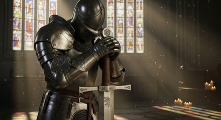 Medieval Knight in Prayer Inside a Cathedral.