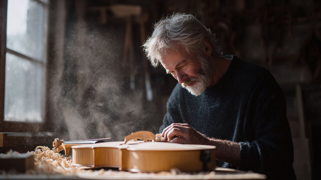 Artisan crafting a violin in a workshop. Wood dust floats in the air. Evokes craftsmanship, dedication, passion, and the artistry of instrument making.