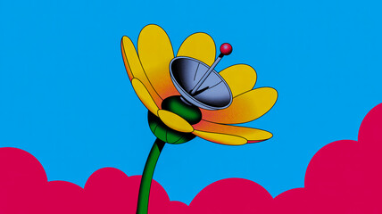 Whimsical Flower with Satellite Dish and Antenna Against Blue Sky and Pink Clouds yellow technology
