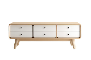 Low, light wood media console with four white drawers and tapered legs.  Clean lines and minimalist design