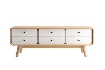 Low, light wood media console with four white drawers and tapered legs.  Clean lines and minimalist design
