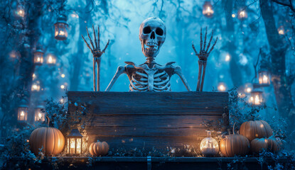 Skeleton Figure with Raised Arms Behind Wooden Table Decorated with Pumpkins and Lanterns in Misty Forest with Bare Trees