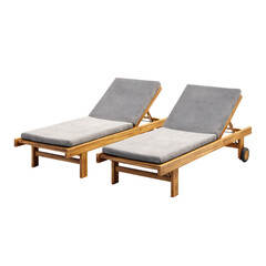 Pair of light brown wooden lounge chairs with grey cushioned pads and wheels, angled slightly outward