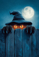 Carved orange pumpkin with glowing eyes and black witch hat peeking over wooden fence under full moon in dark blue night sky with misty background