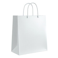 A clean, blank, white paper shopping bag with two handles, angled slightly to the left, suitable for mockup designs