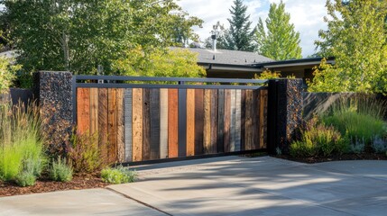 Rustic-modern gate with a balance of reclaimed wood and minimalist metal accents
