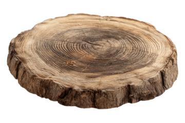 Rustic, circular wood slice, showing prominent growth rings and rough, uneven edges; light brown tones