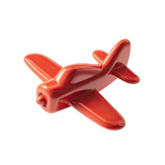 A vibrant red, stylized propeller plane, rendered in a glossy, three-dimensional style, isolated on a black background