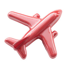 Glossy, coral-pink airplane icon, smooth,  realistic 3D render, isolated on black background