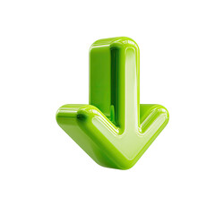A vibrant, glossy, lime-green downward-pointing arrow rendered in a 3D style, exhibiting a smooth, rounded design