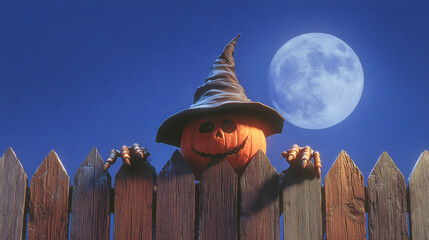 Orange Pumpkin with Black Witch Hat and Clawed Hands Gripping Dark Wooden Fence Under Full Moon at Night