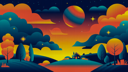 Whimsical Landscape with Colorful Clouds, Hills, and a Small House fantasy