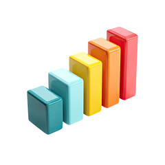 Ascending colorful 3D bar graph, showcasing growth with a gradient of teal, light blue, yellow, orange, and red blocks
