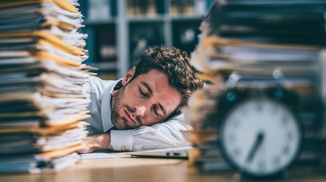 Overworked office worker asleep at desk surrounded by stacked files in modern workspace captured in low-resolution setting for stress and productivity concepts