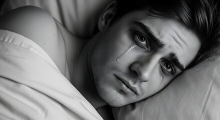Monochromatic portrait of a sorrowful man with tears in his eyes