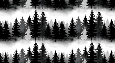 Monochrome serenity seamless pattern of dense coniferous forest in mist
